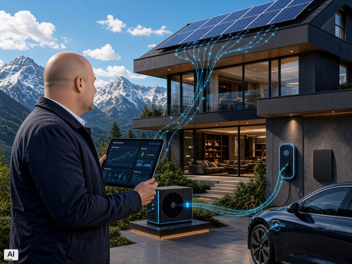 Person im Profil mit Tablet vor Haus mit PV, Wärmepumpe und Wallbox
