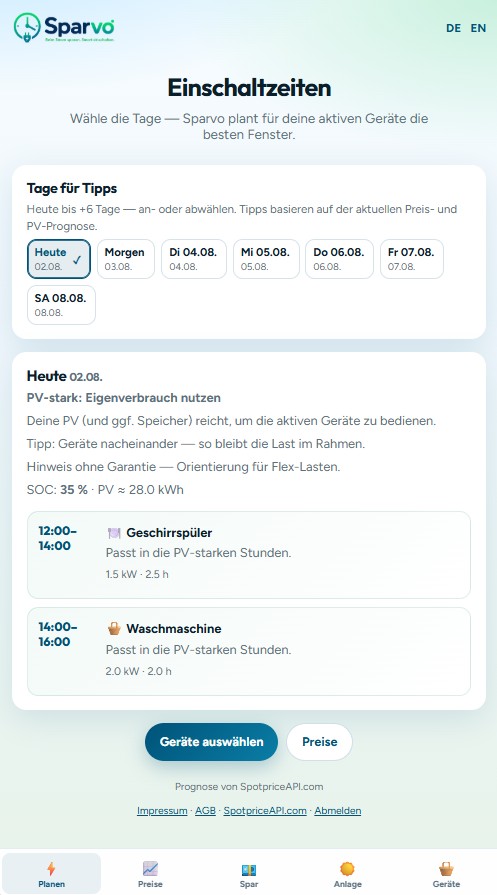 Sparvo switch-on times with device schedule